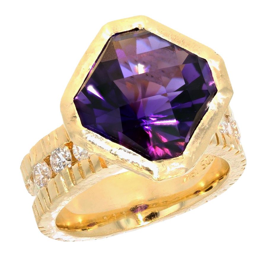 amethyst ring, custom amethyst ring, 18 karat yellow gold, amethyst and diamond ring, hexagonal amethyst, unique amethyst, 