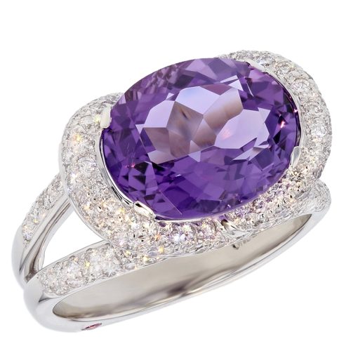 oval 4 carat amethyst ring, diamond and amethyst ring, pink sapphire birthstone, February birthstone, 18 karat white gold ring, 18K white gold, diamond and amethyst ring, underwoods fine jewelers, underwoods custom design, split shank amethyst ring, split shank diamond ring, pink accent sapphire, accent birthstone