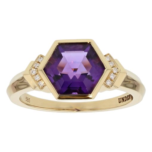 hexagonal amethyst ring, 18k yellow gold ring, colored gemstone ring, hexagonal jewelry, unique ring, amethyst and diamond ring