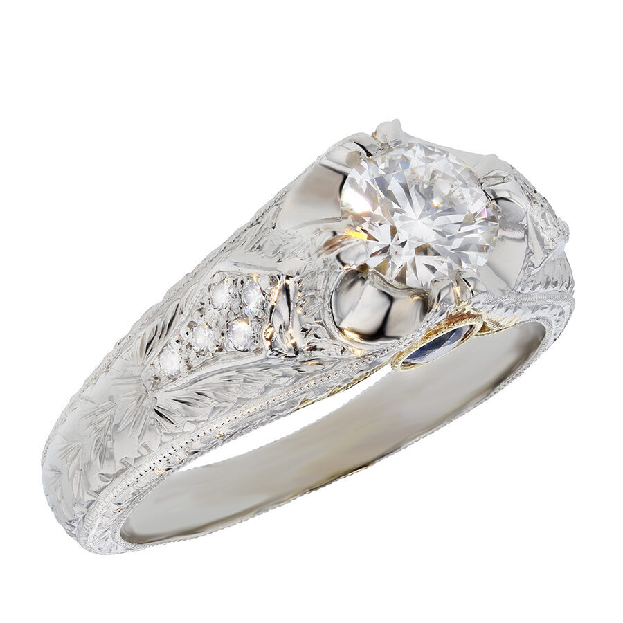 Round Diamond in Platinum Engraved Ring - Underwoods Fine Jewelers